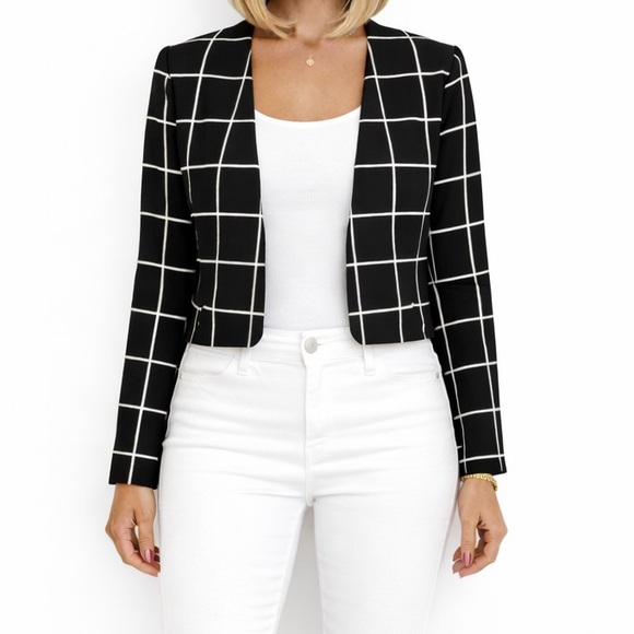 H&M Jackets & Blazers - Black White Grid Cropped Blazer Jacket Modern Career Chic